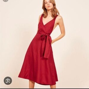 NWOT Reformation Maggie Linen A Line Midi Wrap Dress in Cherry Red Size Medium